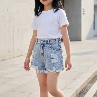 韩版女中大童时尚牛仔裤女童高腰薄款破洞裤夏季百搭显瘦毛边短裤