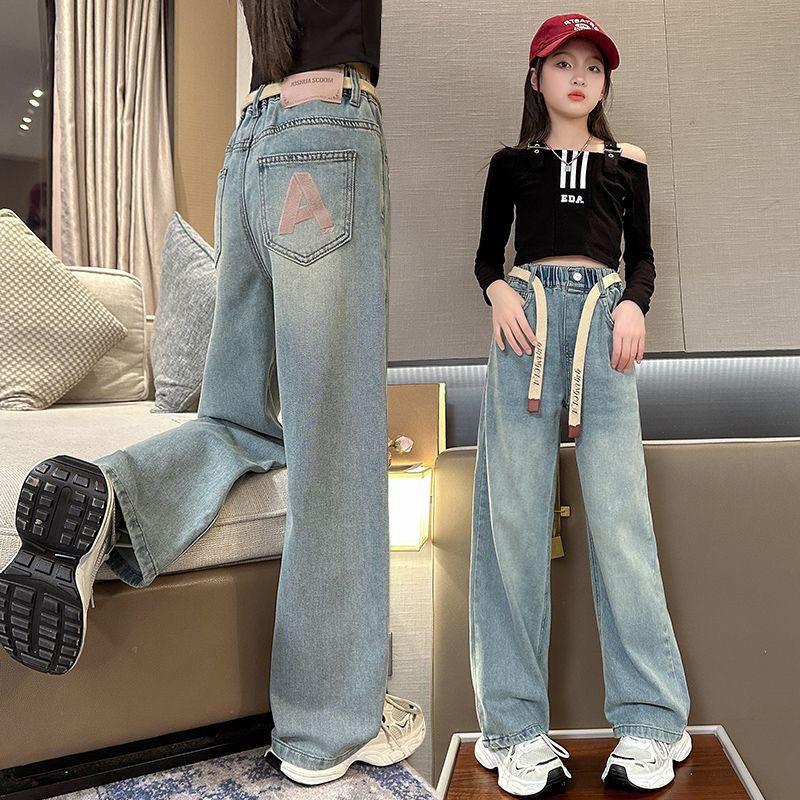 女童牛仔裤春秋款2025新款春季儿童裤子女孩春装阔腿裤宽松中大童