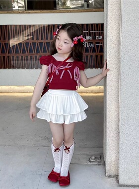 女童2026夏季新款蝴蝶结红色樱桃上衣蛋糕裙套装短袖T恤百褶裙裤