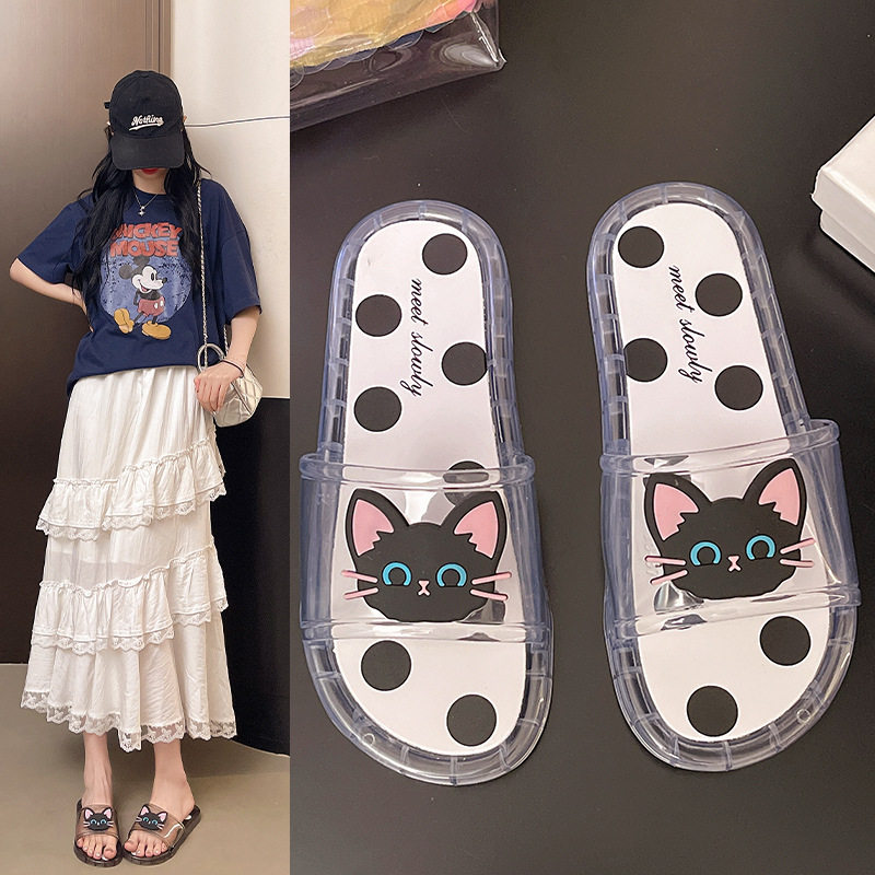 卡通可爱水晶拖鞋夏季女士居家多巴胺圆点甜酷防滑小黑猫一字拖