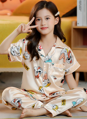 2026女童夏季睡衣冰丝松鼠短袖长裤男女童仿真丝绸儿童男孩维尼熊