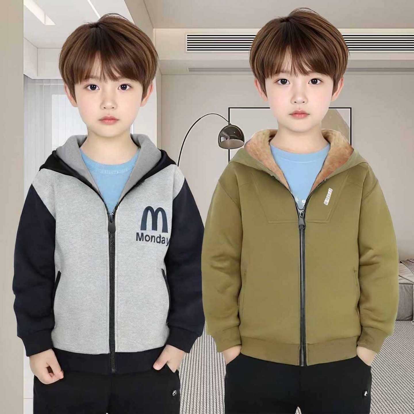 男中大童拉链夹克外套春秋季开衫外套冬加绒连帽休闲卫衣男孩上衣