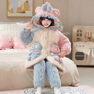 2025新款女童睡衣冬款珊瑚绒三层夹棉儿童女孩加绒加厚冬季家居服