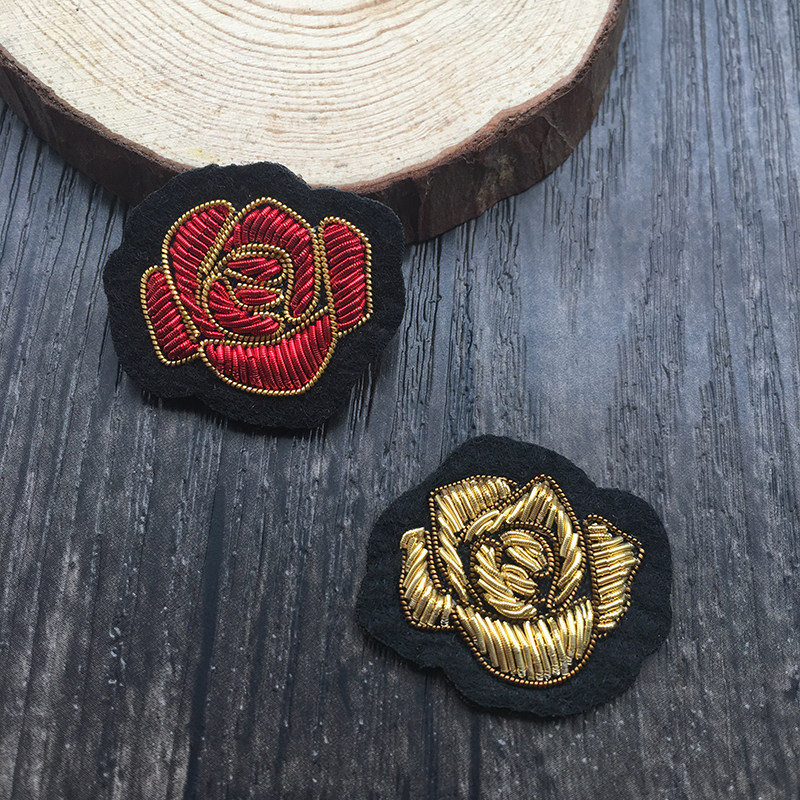 植物花卉  金色红色玫瑰花图案 专业手工缝制金属丝印度丝 铜丝服