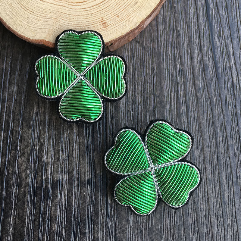 法国设计印度丝饰品专业纯手工刺绣植物幸运草图案 印度丝胸针