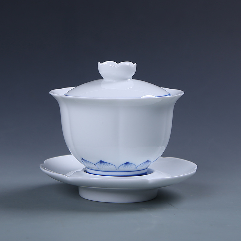 手绘莲花青花盖碗手工复古泡茶杯