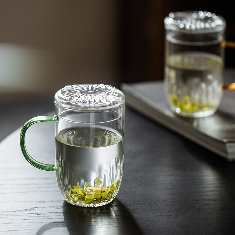 高端带盖绿茶杯龙井猴魁专用玻璃茶杯办公室水杯带把手泡茶杯家用