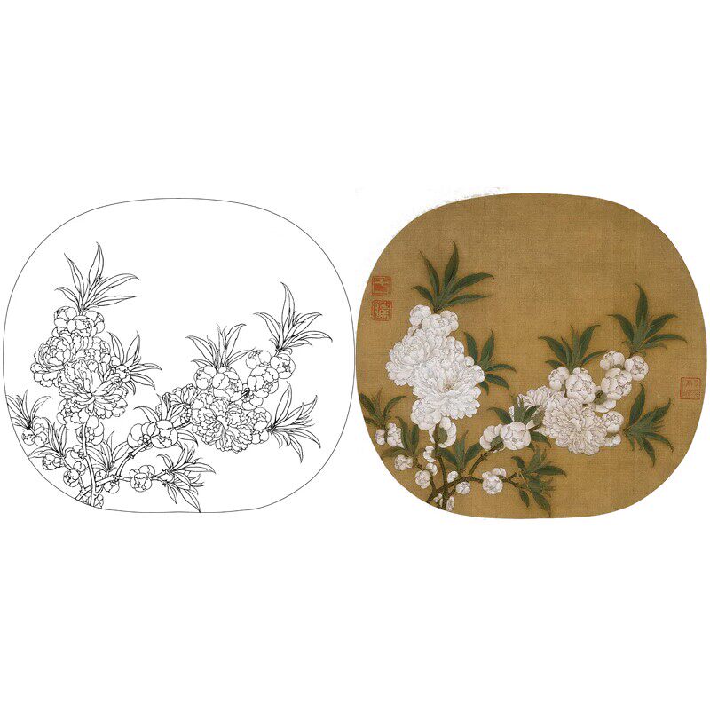 高清国画宋画小品碧桃图工笔画白描底稿线描稿练习实物打印稿217