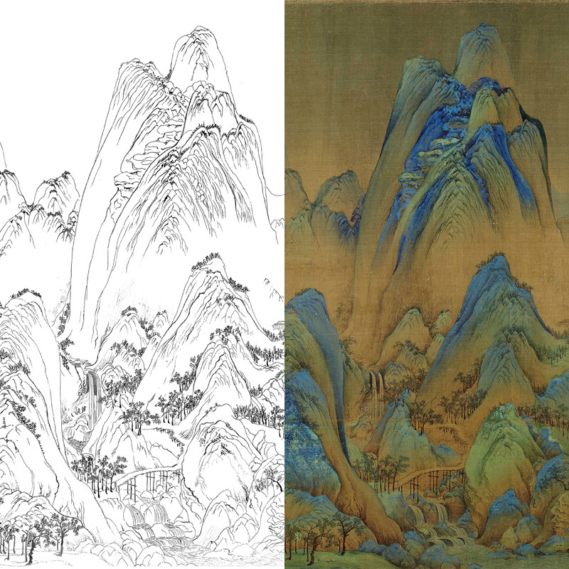 工笔画打印白描底稿千里江山图局部线稿初学者临摹勾线上色练习