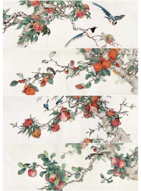 陈军工笔画白描底稿四条花鸟初学者桃子柿子石榴苹果实物底稿659L