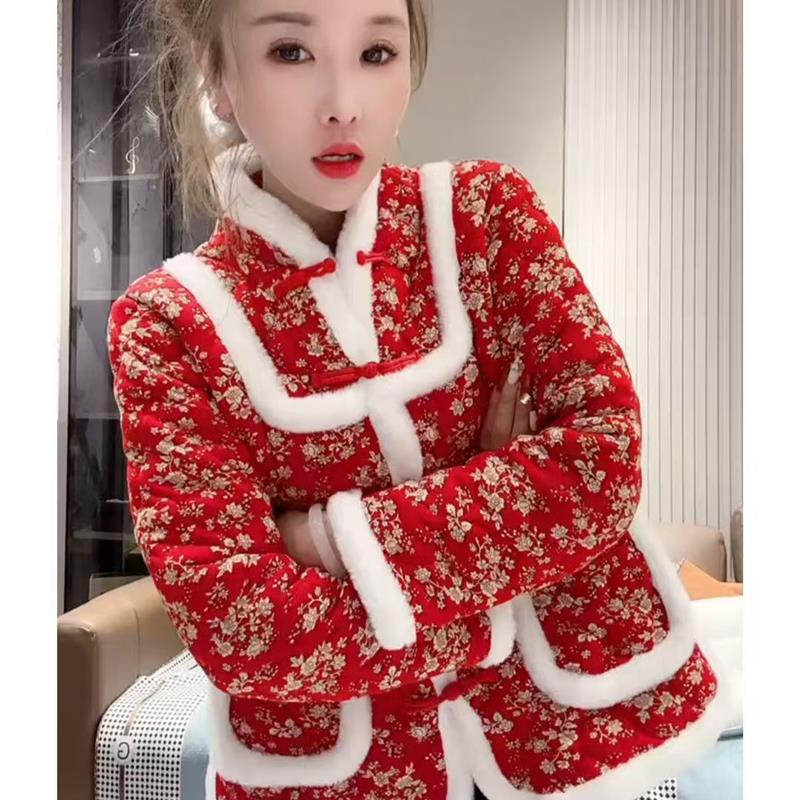 大码女装新年战袍中国风碎花棉袄女冬季新款国风显瘦东北花棉袄女