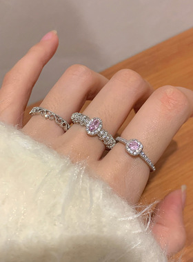 甜酷粉色锆石开口戒指女时尚个性感叠戴开口食指戒2024年新款