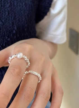 韩版简约小众碎银子珍珠戒指女时尚个性气质百搭感弹力绳指环