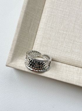 韩版锤纹素戒指女宽版开口可调节小众设计百搭个性潮陨石坑活口戒