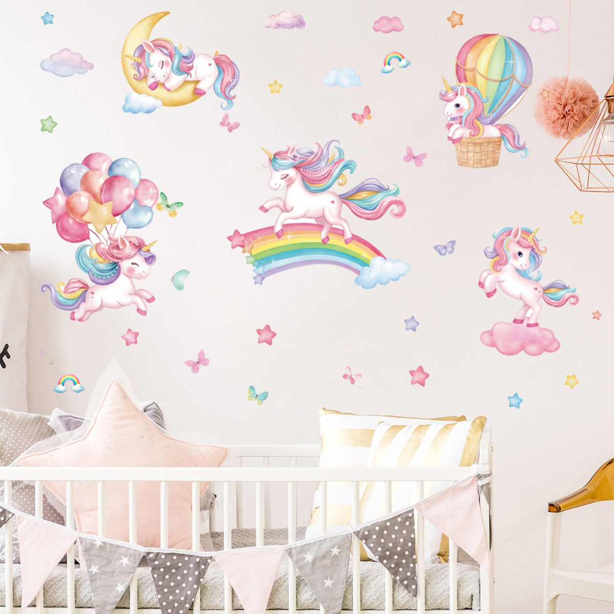创意彩虹缤纷独角兽少女心自粘墙贴女孩房间儿童卧室墙面创意贴画