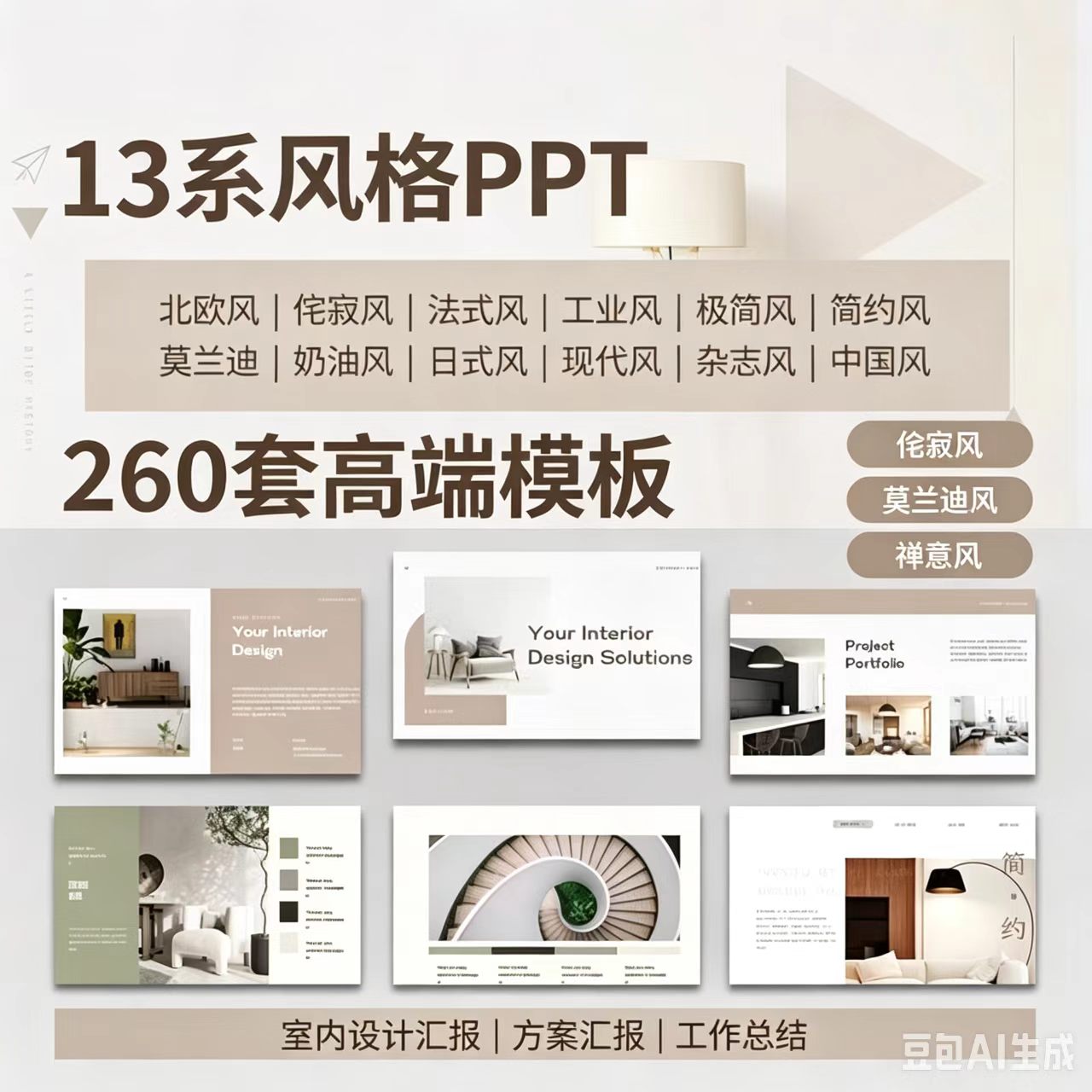 十三系260套高端室内设计PPT模板侘寂莫兰迪禅意简约软装方案