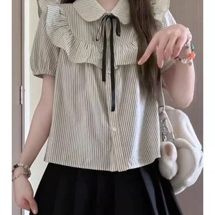 学院风学院风韩版 上衣 洋气甜美百搭短袖 娃娃领荷叶蝴蝶结条纹衬衫