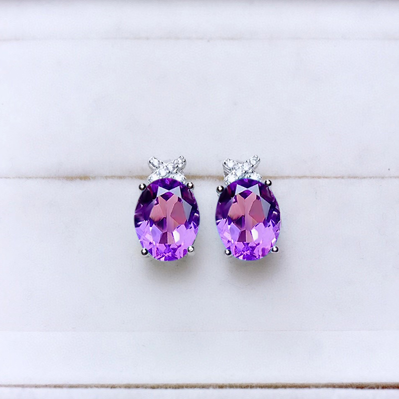 简约天然紫水晶耳钉女S925纯银镶嵌彩色宝石耳环气质百搭耳饰礼物