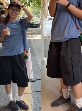 iamstudio 5152少年感遮肉显瘦水洗复古口袋工装中裤五分裤女