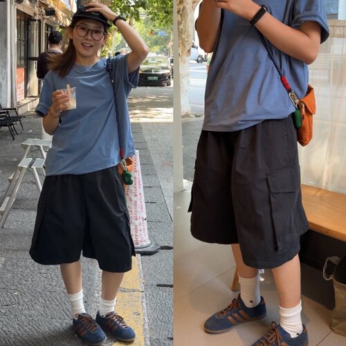 iamstudio 5152少年感遮肉显瘦水洗复古口袋工装中裤五分裤女