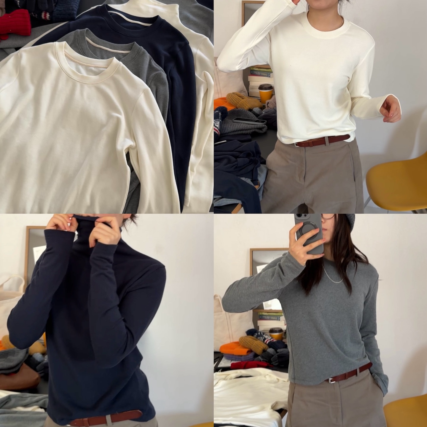 iamstudio 弹力超大正肩巨显瘦 1260美丽奴羊毛磨毛打底长袖T恤