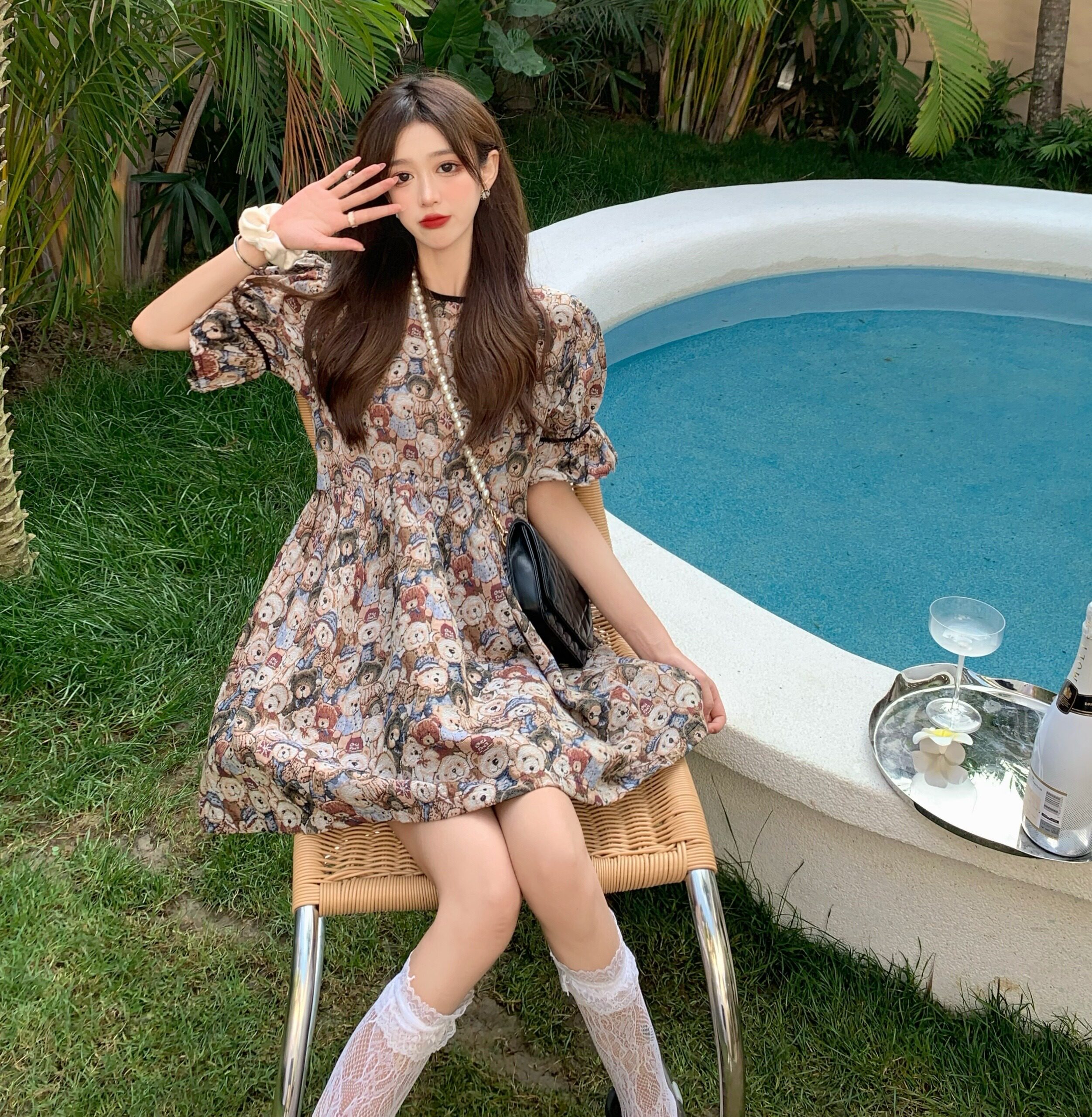 新款夏季复古可爱小熊时尚套头泡泡袖连衣裙女装设计感小众短裙子