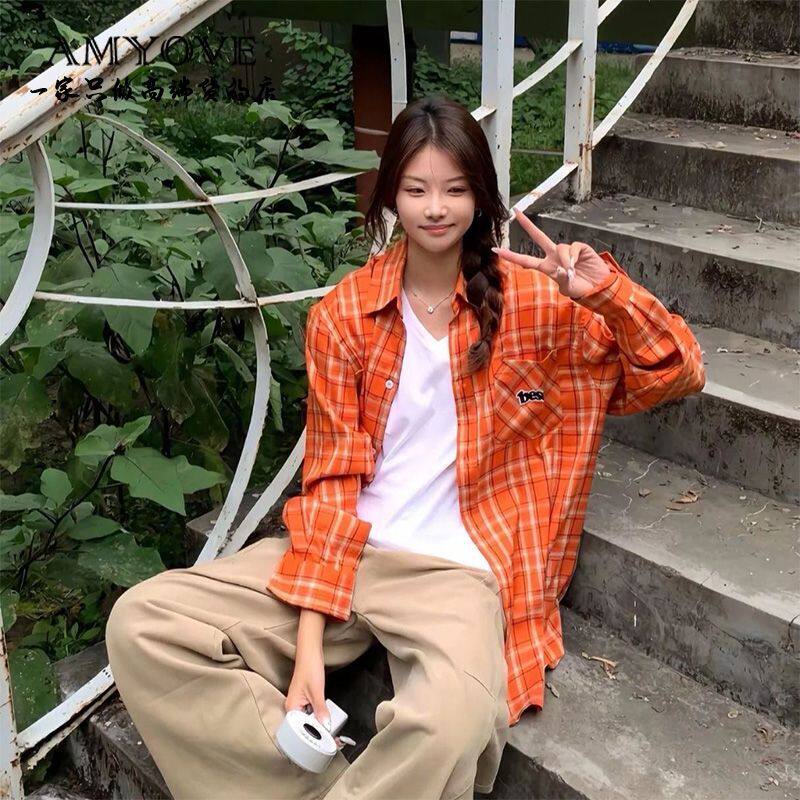 橙色宽松刺绣格子衬衫开衫上衣女复古休闲衬衣外套春