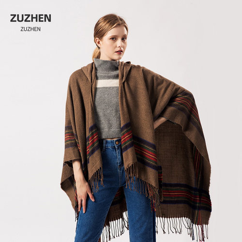 hat striped knitted shawl women tassel warm cape scarf
