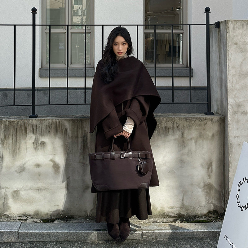 ELSISSI围巾款加长款无领双面羊绒大衣2025秋冬高级感毛呢外套女