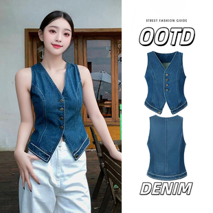 牛仔马甲女夏天设计感薄款港味复古无袖坎肩背心马夹v领chic上衣