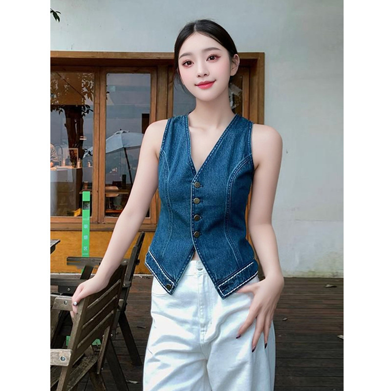 牛仔马甲女夏休闲chic薄款外穿复古无袖坎肩背心马夹短款v领上衣