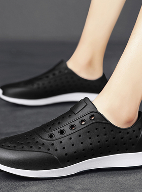 夏季休闲洞洞鞋男白色凉鞋厚底包头泡沫鞋轻便雨天塑胶鞋防水雨鞋