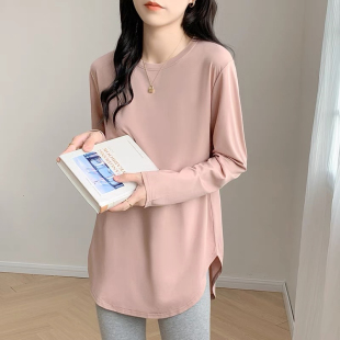粉色圆领宽松长袖T恤女装韩版春秋中长款开叉遮屁股打底衫休闲