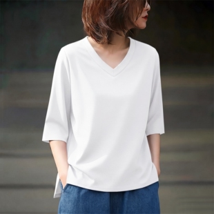 白色V领七分袖纯棉T恤女夏季新款宽松显瘦百搭上衣大码打底衫