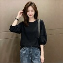 黑色纯棉圆领七分袖t恤女夏季新款宽松时尚百搭显瘦灯笼袖上衣