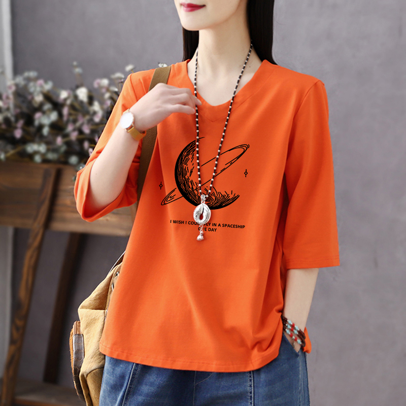 七分袖t恤女上衣2025新款夏季爆款正肩女装半袖印花中袖体恤