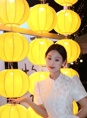 圆形灯笼新年黄色橙色可连串景区元宵节美陈装饰户外防水布艺吊灯