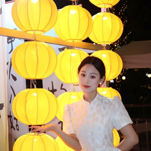 圆形灯笼新年黄色橙色可连串景区元宵节美陈装饰户外防水布艺吊灯