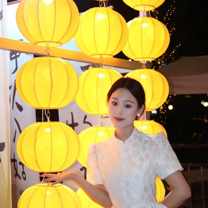 圆形灯笼新年黄色橙色可连串景区元宵节美陈装饰户外防水布艺吊灯
