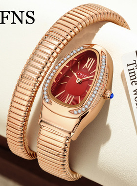 Ofns品牌女士手表蛇形镶钻腕表防水条钉罗马刻度石英表本命年女表