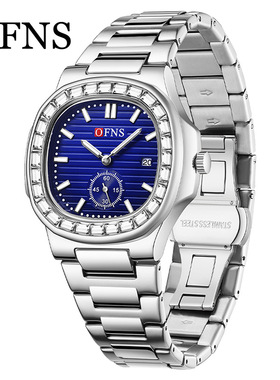 OFNS时尚新款钢带石英手表商务防水男女表方形日历镶钻男女士腕表