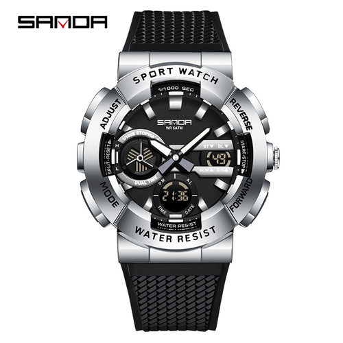 三达双显大表盘电子表防水多功能