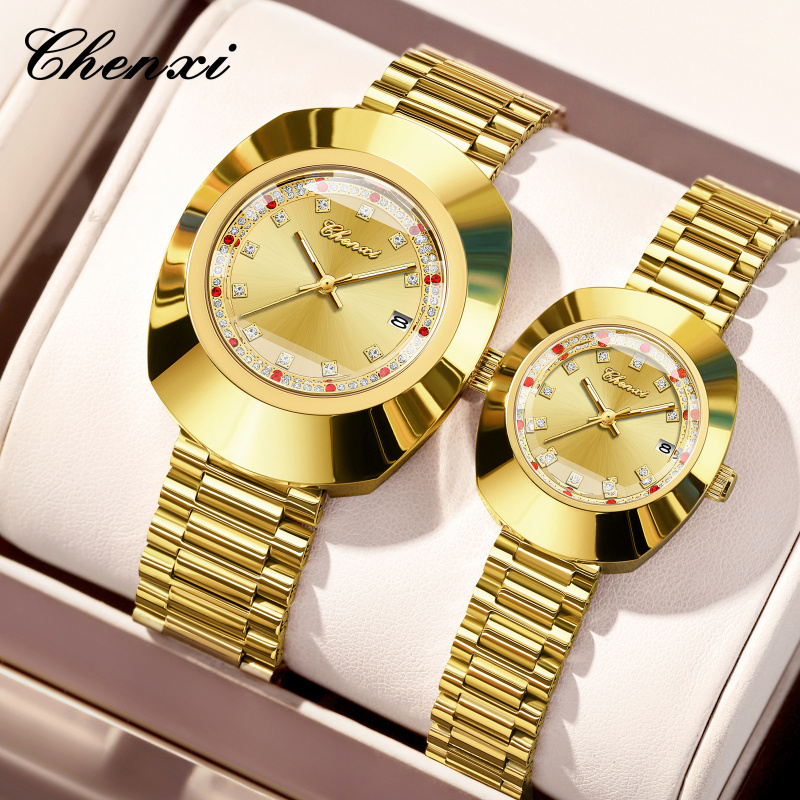 晨曦男女手表情侣日期黄金色高颜值镶钻防水钢带时尚日期男士女士