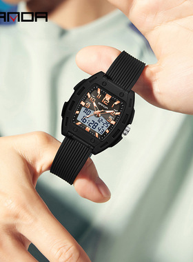 SANDA手表运动时尚活力男女酒桶腕表闹钟夜光防水学生双显表