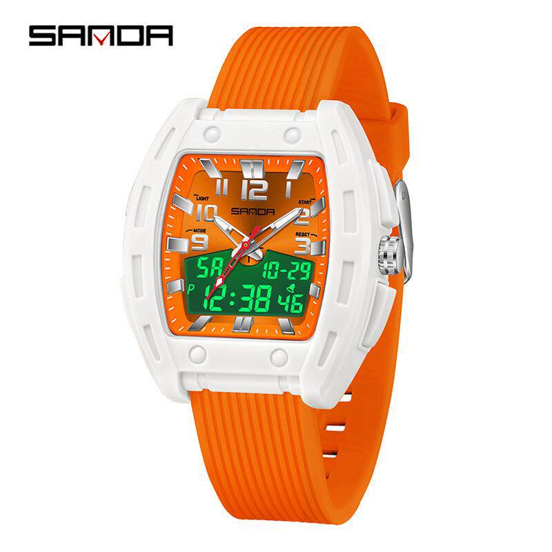 SANDA男女学生腕表酒桶型防水双显手表多功能两地时电子表男女款