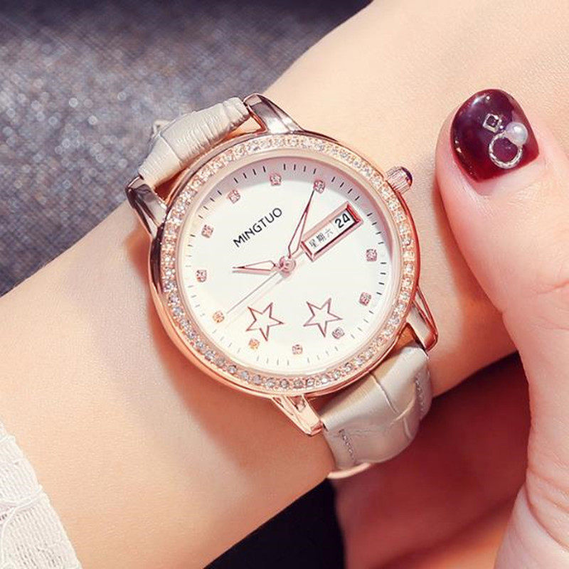 韩国版创意双日历女表镶钻精美五角星真皮带防水女士手表学生休闲
