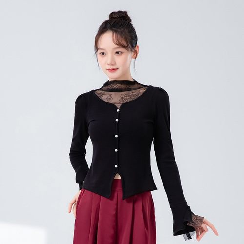 春季新款古典舞练功服女半高领长袖中国舞假两件修身显瘦跳舞上衣