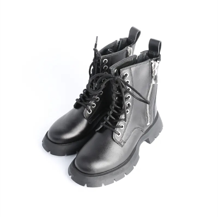 鸟家新款百搭系带女短靴潮流时尚圆头马丁靴双拉链