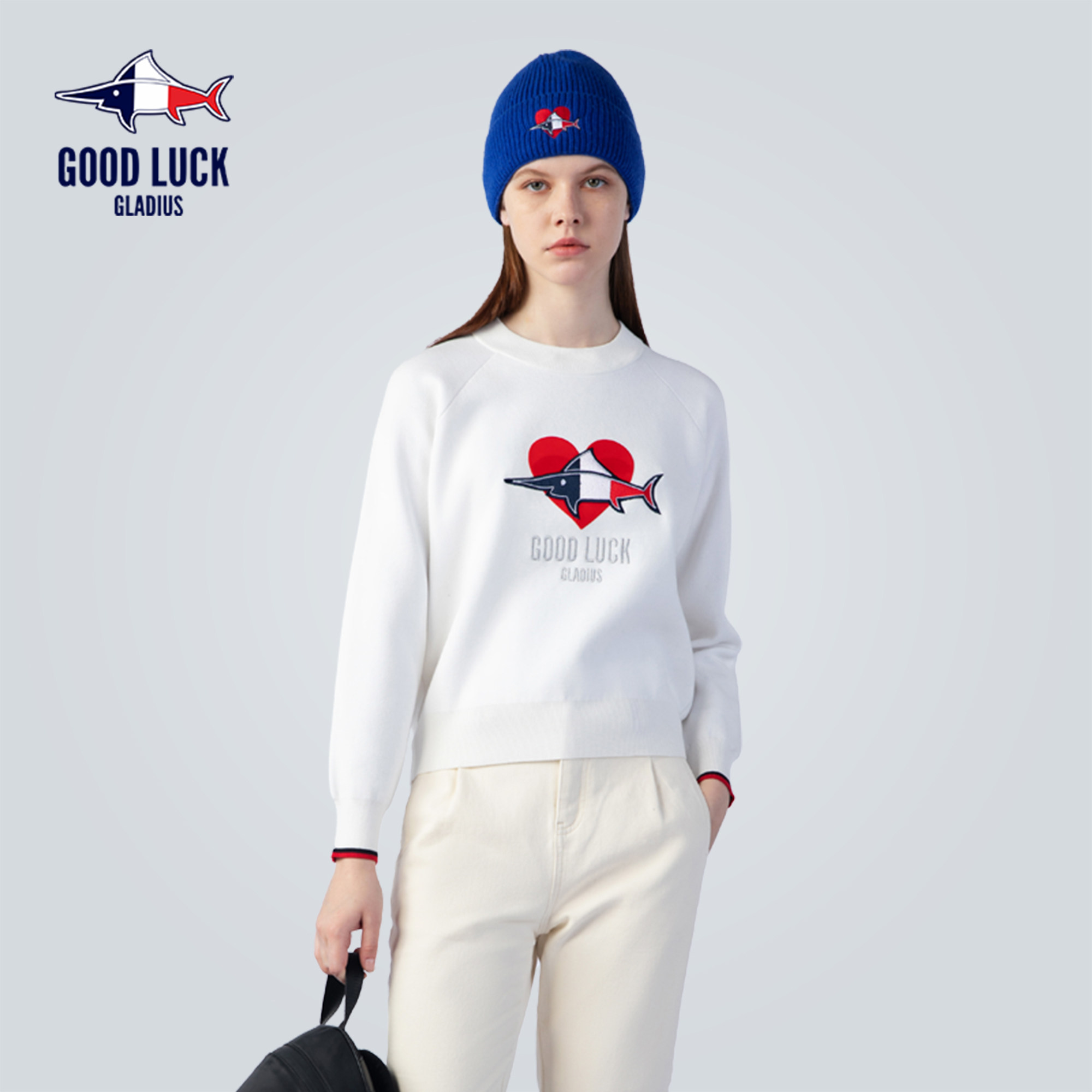 goodluc blue蓝鲨秋季新款圆领套头针织卫衣女大logo毛衫mr2p108