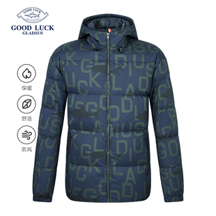 印花连帽羽绒服男防寒保暖外套 德鲨2024冬短款 白鸭绒